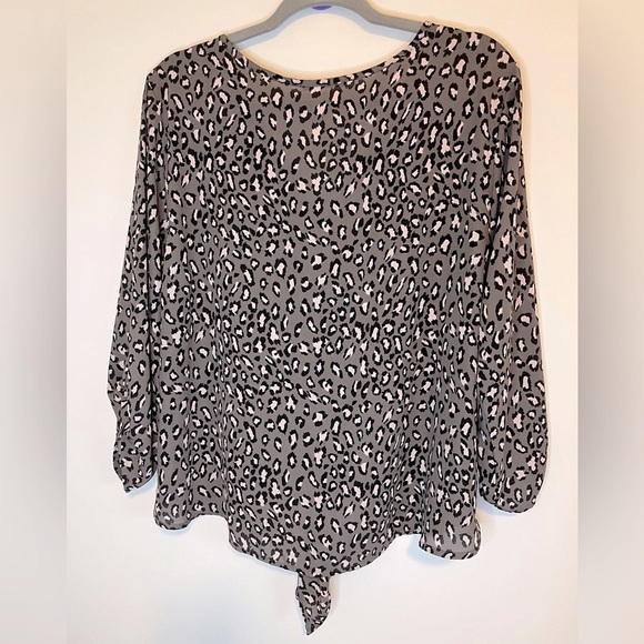 West Kei Greyish Brown with Pink Leopard Print Button Up Tie Front Shirt - Picture 6 of 6